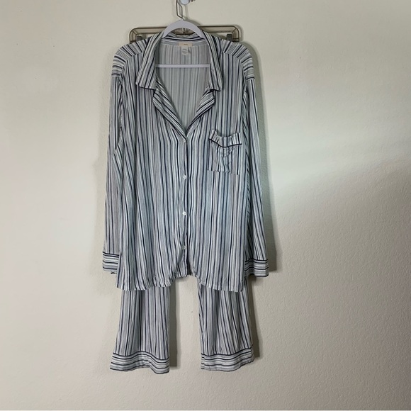 Eberjey Gisele Long PJ Set in Off White & Indigo Stripe XL - Picture 2 of 14